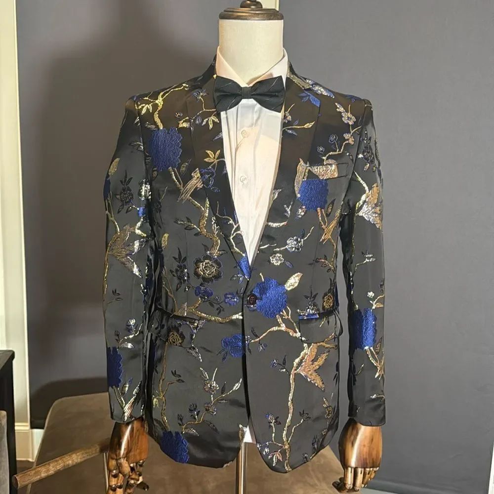 Men’s Black Floral Slim Fit Suit Jacket Blazer Formal Prom Wedding Size 36 NWT